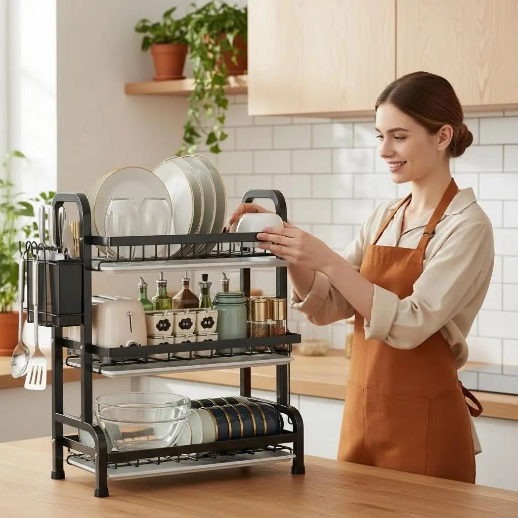 3-Tier Stainless Steel Drainboard Dish Drying Rack – Large Capacity Kitchen Counter Organizer with Multi-Layer Storage, Space-Saving Holder for Plates, Wine Glass, Bowls, Utensils & Cups – Black Rustproof Metal Stand, Potrack, Holodays Deals
