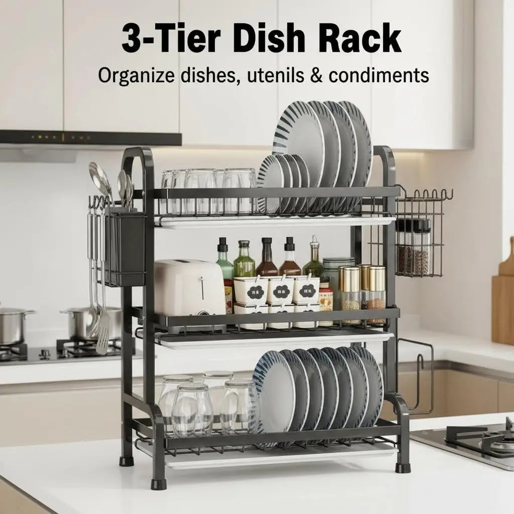 3-Tier Stainless Steel Drainboard Dish Drying Rack – Large Capacity Kitchen Counter Organizer with Multi-Layer Storage, Space-Saving Holder for Plates, Wine Glass, Bowls, Utensils & Cups – Black Rustproof Metal Stand, Potrack, Holodays Deals