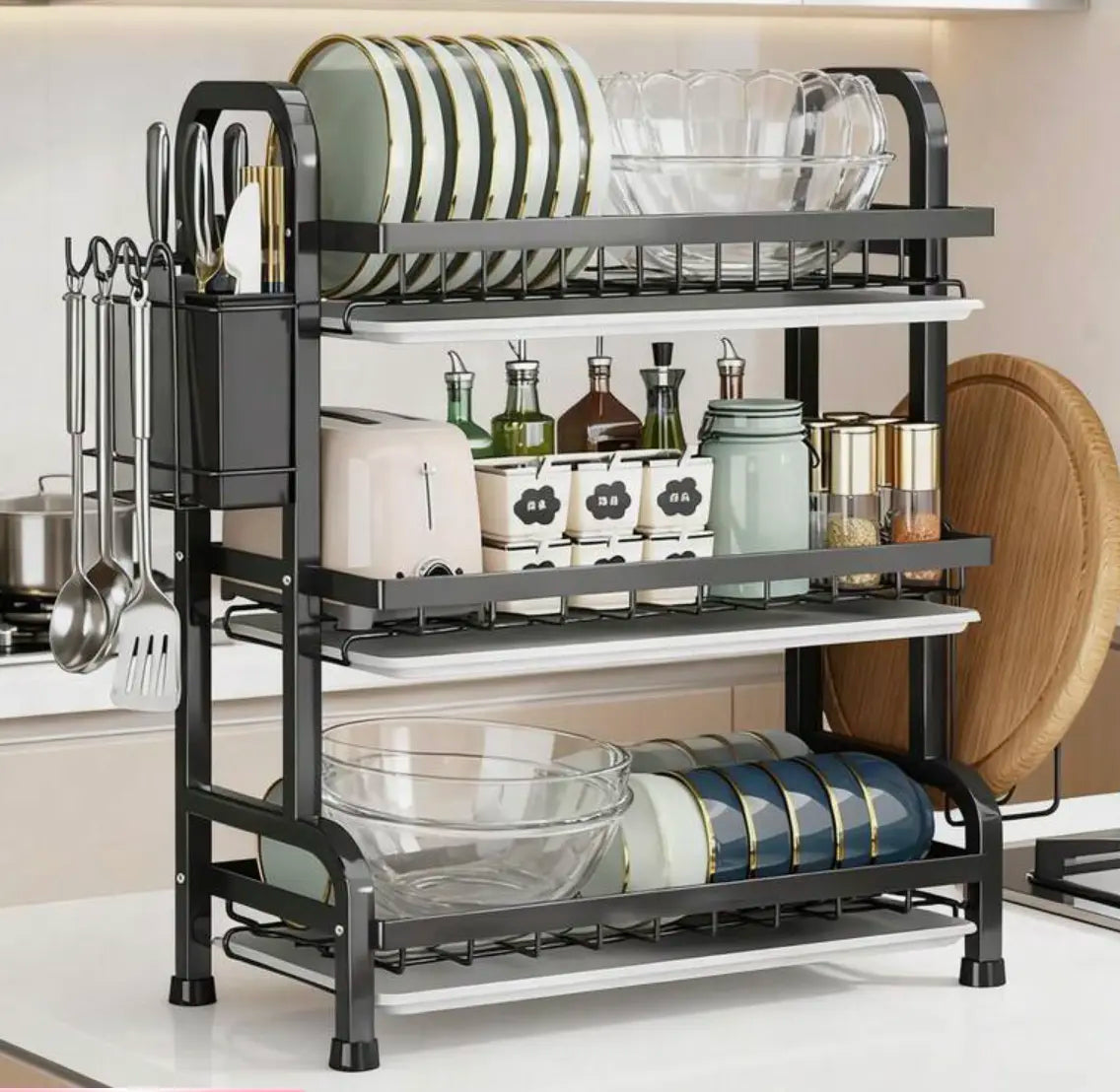 3-Tier Stainless Steel Drainboard Dish Drying Rack – Large Capacity Kitchen Counter Organizer with Multi-Layer Storage, Space-Saving Holder for Plates, Wine Glass, Bowls, Utensils & Cups – Black Rustproof Metal Stand, Potrack, Holodays Deals