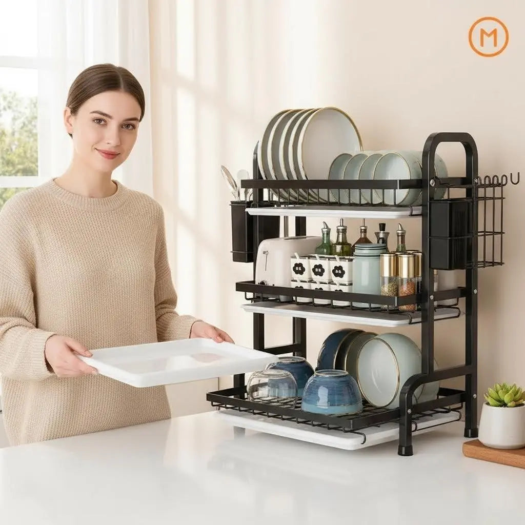 3-Tier Stainless Steel Drainboard Dish Drying Rack – Large Capacity Kitchen Counter Organizer with Multi-Layer Storage, Space-Saving Holder for Plates, Wine Glass, Bowls, Utensils & Cups – Black Rustproof Metal Stand, Potrack, Holodays Deals