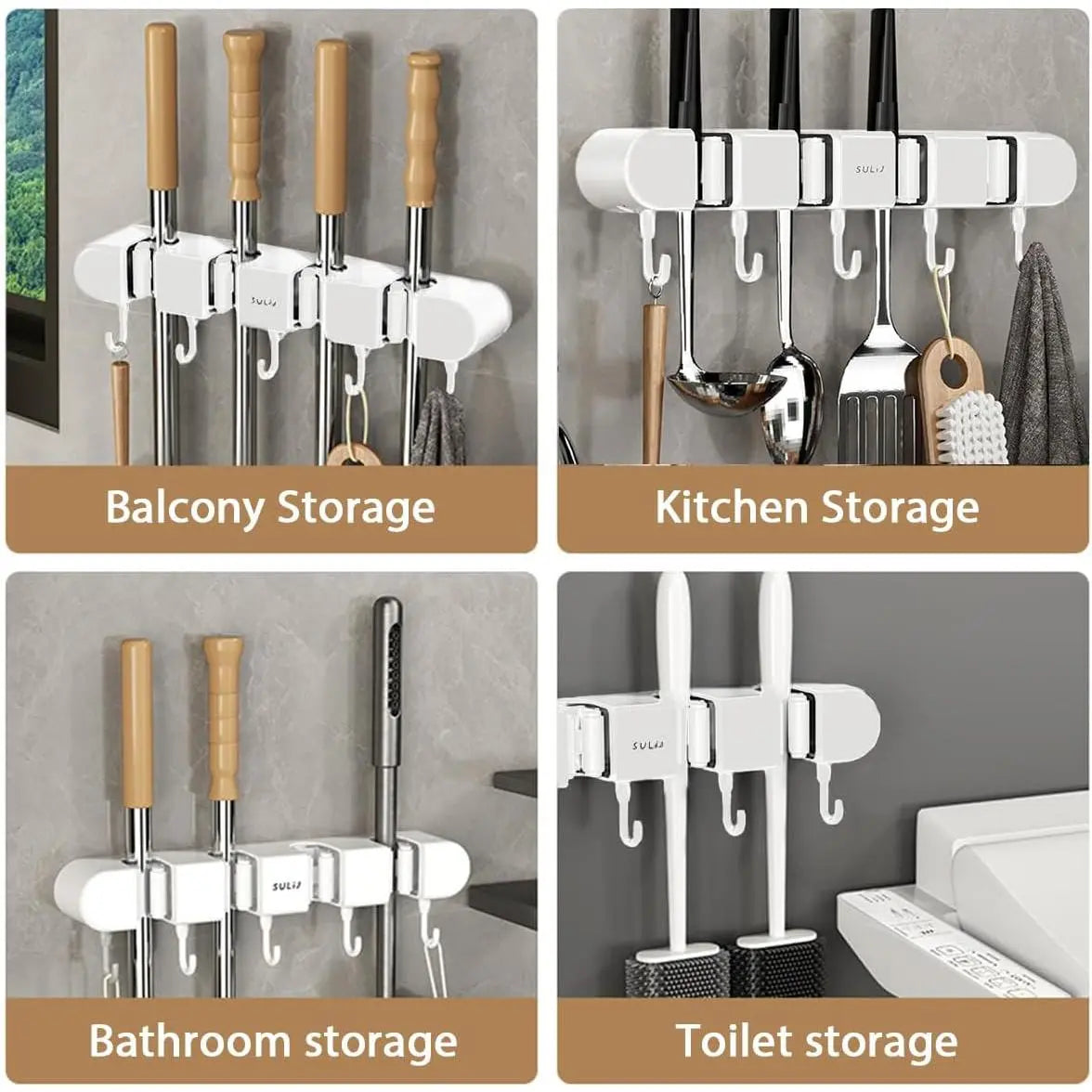 1PCS/2PCS Mop Rack with Hook Wall Mounted Mop and Broom Rack Punch-Free Broom Storage Rack Space-Saving Broom Hanger Mop Clip Rack Hanging Mop and Broom Storage Suitable for Bathroom Home