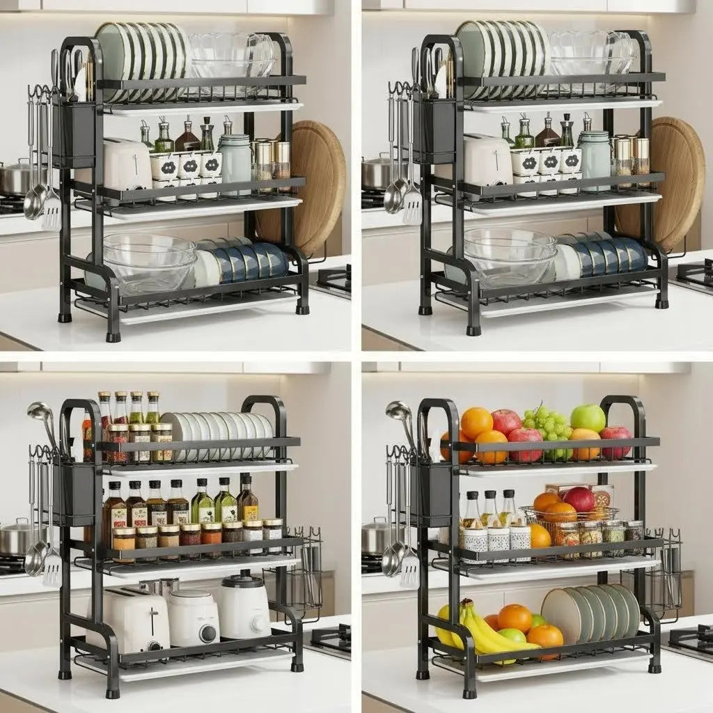 3-Tier Stainless Steel Drainboard Dish Drying Rack – Large Capacity Kitchen Counter Organizer with Multi-Layer Storage, Space-Saving Holder for Plates, Wine Glass, Bowls, Utensils & Cups – Black Rustproof Metal Stand, Potrack, Holodays Deals