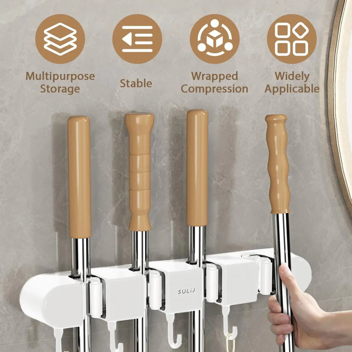 1PCS/2PCS Mop Rack with Hook Wall Mounted Mop and Broom Rack Punch-Free Broom Storage Rack Space-Saving Broom Hanger Mop Clip Rack Hanging Mop and Broom Storage Suitable for Bathroom Home