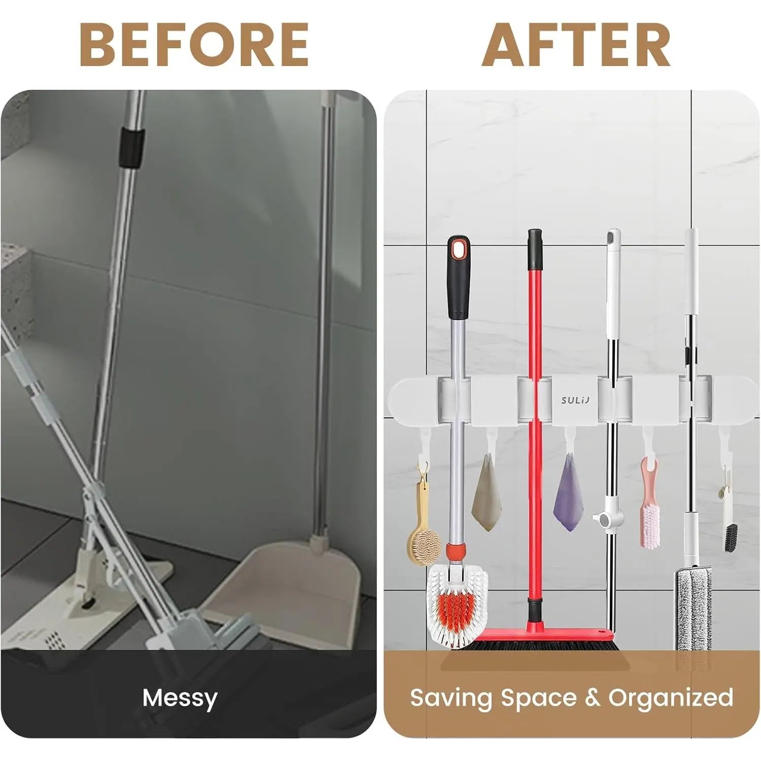 1PCS/2PCS Mop Rack with Hook Wall Mounted Mop and Broom Rack Punch-Free Broom Storage Rack Space-Saving Broom Hanger Mop Clip Rack Hanging Mop and Broom Storage Suitable for Bathroom Home