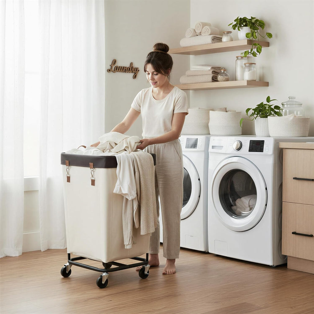 Laundry Basket with Wheels, 160L Large Hampers for Laundry, Rolling Washing Basket Bins Heavy Duty, Dirty Clothes Washing Hamper on Wheels for Hotel Home Dorm Laundry Room, Beige, 1-Pack